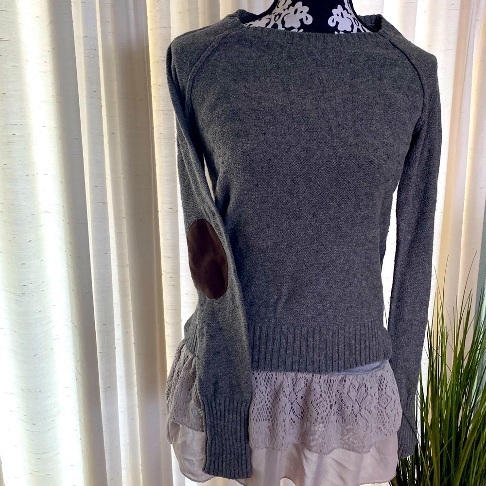 For the Republic gray sweater patched elbows. (Under dress not included)